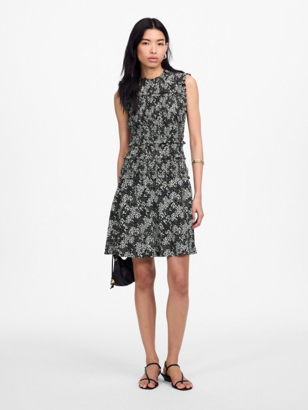 Madewell Smocked Crewneck Mini Dress in Floral - Harper Floral Black White
